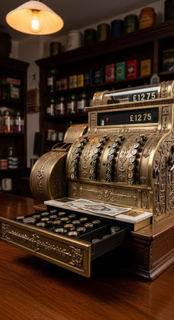 An antique cash register sitting on a wooden counter in a vintage shop