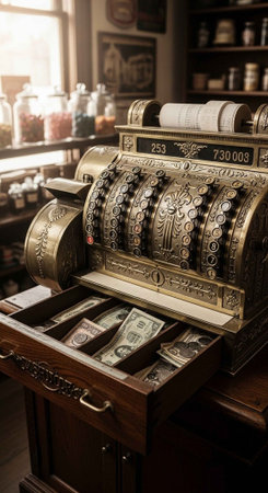 An antique cash register with money in the open drawer on a wooden counter