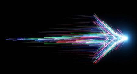 A vibrant abstract light trail forming an arrow shape on a dark background