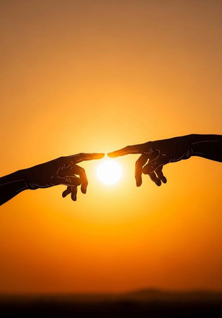 Two hands reaching for each other against a vibrant orange sunset backgroundの写真素材