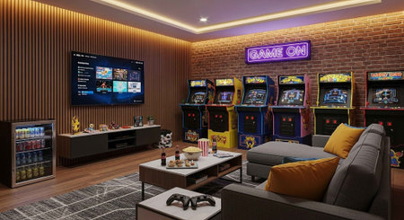 A modern game room with a large TV and several arcade machines