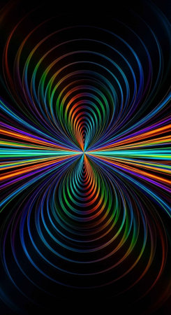 A vibrant abstract artwork featuring colorful swirling lines on a dark background