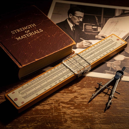 A vintage engineering workspace with a slide rule, compass, and textbook on strength of materials.の写真素材