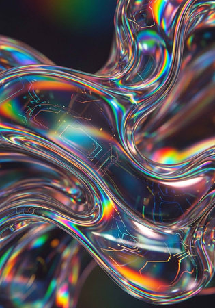 A vibrant, holographic, and futuristic abstract design with wavy, iridescent patterns and colorsの写真素材