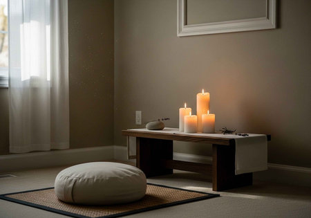 A serene meditation room with candles and a cushion for mindfulness practiceの写真素材