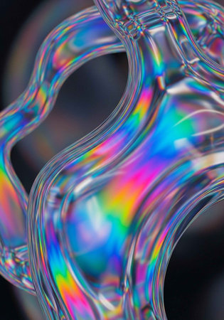 A vibrant, iridescent, and futuristic glass sculpture with rainbow colors and wavy shapesの写真素材