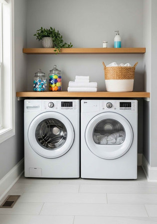 A modern laundry room with a washer and dryer and wooden shelvesの写真素材