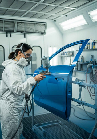 A woman in a white protective suit painting a car door blue in a workshopの写真素材