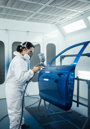 A woman in a white protective suit painting a car door blue in a workshop