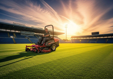 A man is cutting the grass on a sports field at sunset with a large mower