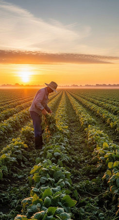 A farmer works in a vast field during a beautiful sunsetの写真素材