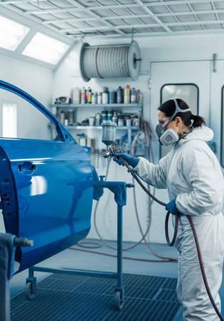 A woman in a protective suit spray painting a car in a workshopの写真素材