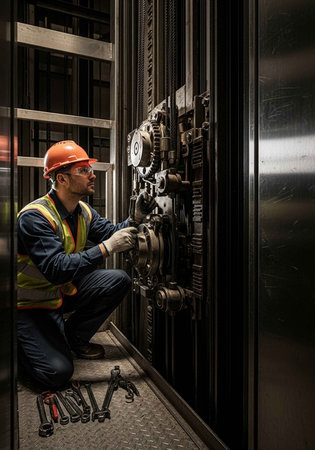 A maintenance worker in a hard hat repairing an elevator with toolsの写真素材