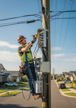 An electrician in a hard hat works on a utility pole in a suburban neighborhoodの写真素材