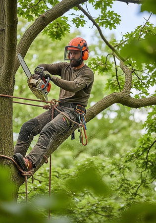 A tree arborist using a chainsaw while safely perched on a tree branchの写真素材