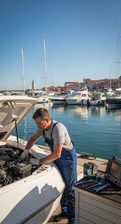 A man in overalls working on a boat engine at a marina dock