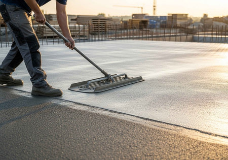 close up of worker cleaning the floor at construction siteの写真素材