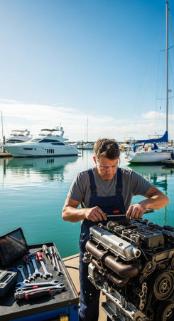 A man in overalls working on an engine near a marina with boats