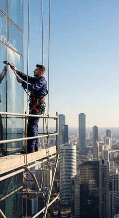 A window cleaner working on a high-rise building with a cityscape in the background