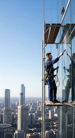 A window cleaner working high above a bustling cityscape on a clear day