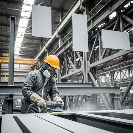 A worker in protective gear grinding metal in a large industrial factory settingの写真素材