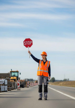 A construction worker in an orange vest holds a stop sign on a highway
