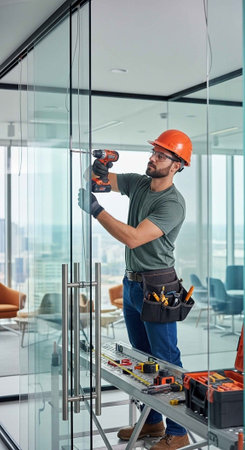 A construction worker installing glass walls in a modern office building with tools