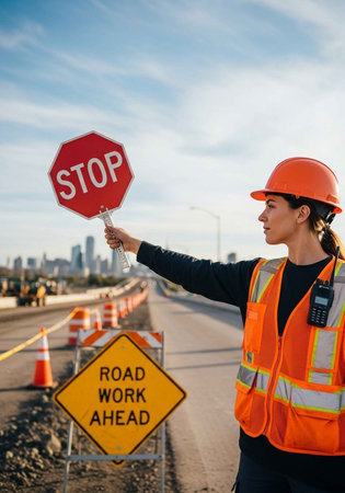 A construction worker directing traffic on a road with a stop sign and road work ahead signsの写真素材