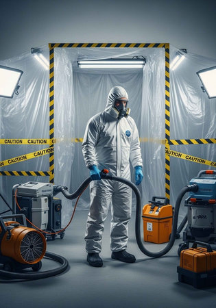 A person in a hazmat suit standing in a contaminated area with equipmentの写真素材