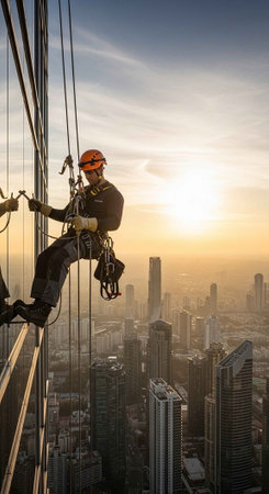 A window cleaner working high above a city skyline at sunsetの写真素材