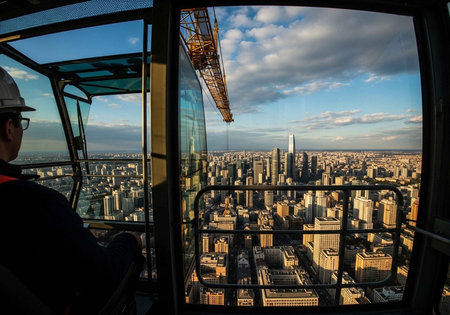 A construction worker in a crane cab overlooking a bustling cityscape at daytime