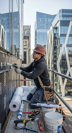 A construction worker in a hard hat works on a building in the city