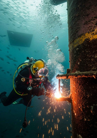A scuba diver in a yellow helmet welding underwater on a large metal structure
