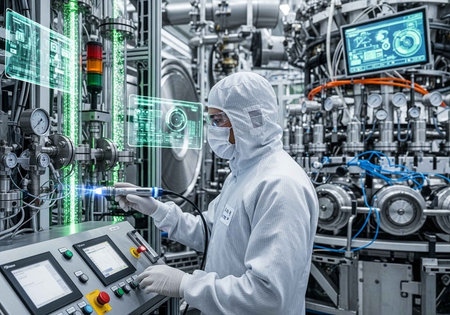 Engineer in protective suit and goggles working with control panel in factoryの写真素材