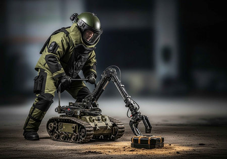 Man in military uniform and helmet working with machine. Mixed media