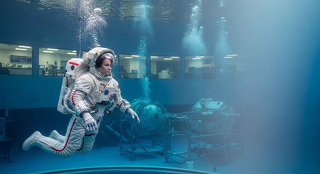 Astronaut in the space station. Mixed media. Mixed mediaの写真素材