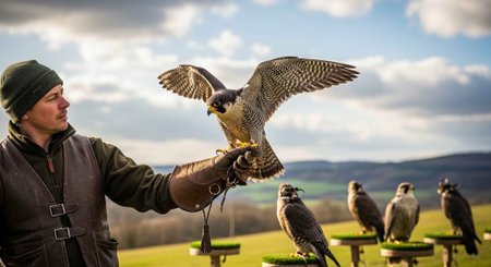 Peregrine falcon on falconer's hand.の写真素材