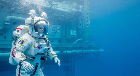 Astronaut in the deep blue ocean, horizontal panorama.の写真素材