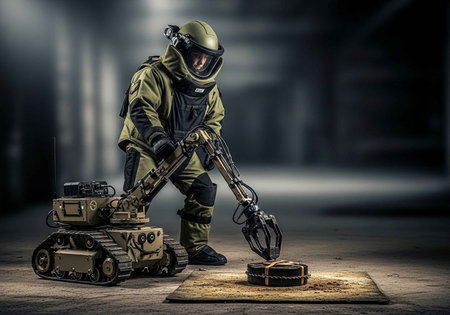 Person in protective gear operating a robotic device with a mechanical arm in an industrial setting.の写真素材