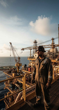An offshore oil rig worker stands on the platform overlooking the oceanの写真素材