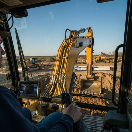 A construction worker operates a large yellow excavator at a busy building site outdoors