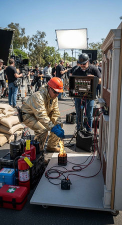 A film crew prepares for a special effects scene on a movie set outdoors