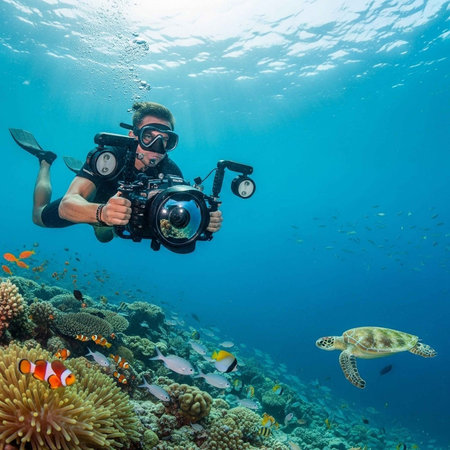 A scuba diver captures stunning underwater footage of a sea turtle and colorful fish