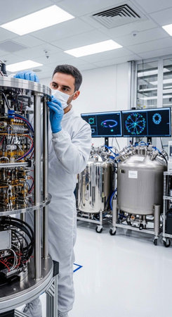 A scientist in a lab coat working with complex machinery in a laboratory setting