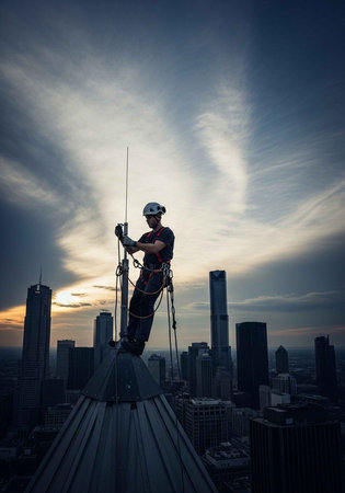 A construction worker in a hard hat stands on a rooftop with a cityscape background at sunsetの写真素材