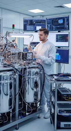 A scientist in a lab coat working with complex equipment in a laboratory setting.の写真素材