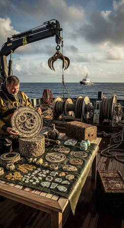 A man displays antique treasures on a boat deck with a crane and ocean viewの写真素材