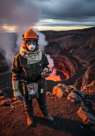 A volcanologist in protective gear stands at the edge of an active volcano craterの写真素材