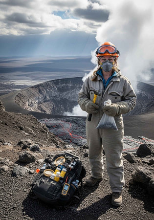 A volcanologist in protective gear stands on a rocky terrain with a smoking volcano in the backgroundの写真素材
