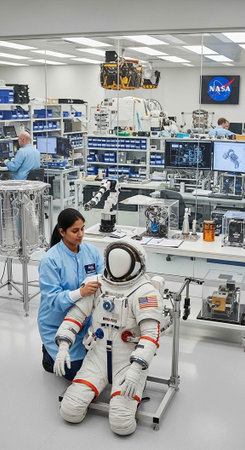 A NASA engineer kneels beside an astronaut suit in a busy laboratory setting.